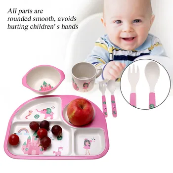 

5Pcs/set Eco-friendly 4 Slots Children Tableware Set Bowl With Cup Spoon Plate Natural Bamboo Fiber Baby Plate Dishes Dinnerware