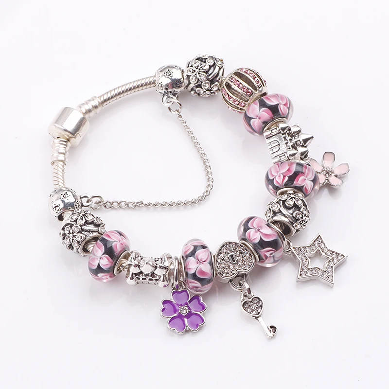 

AIFEILI Safety Chain Silver Color Charms Bracelet with Purple Glass Beads & Pink Clover DIY Bracelet for Women Jewelry Flower