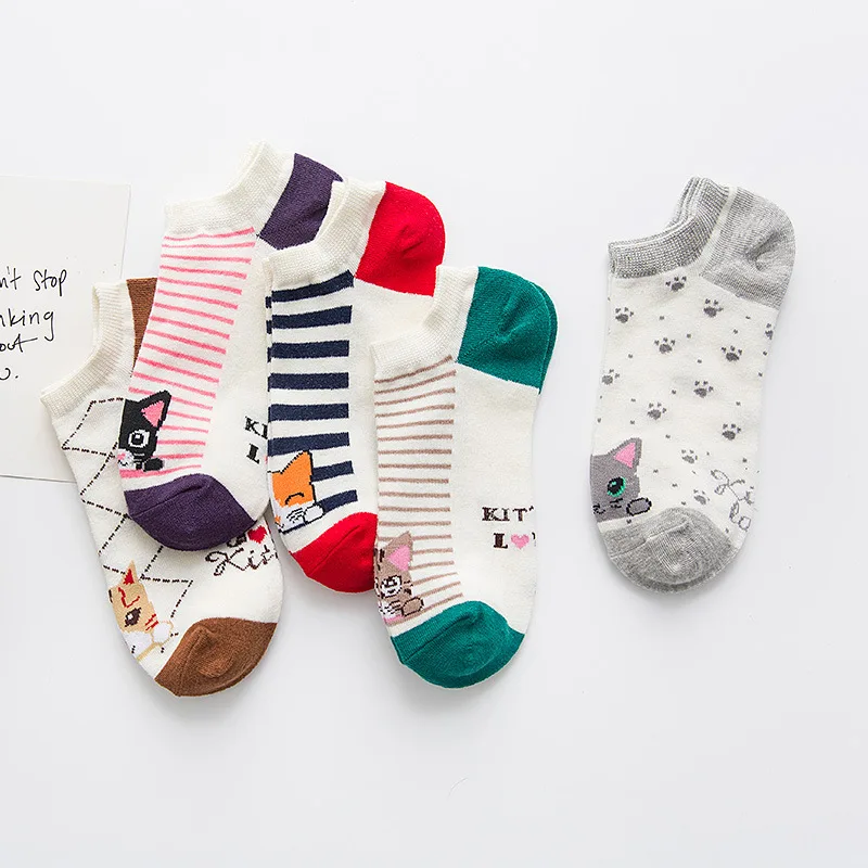 

2 Pairs/Lot Women Autumn New Striped Boat Sock Women Sock Cotton Cat Short Tube Low To Help Short Sock Wholesale Sock 5 Colors