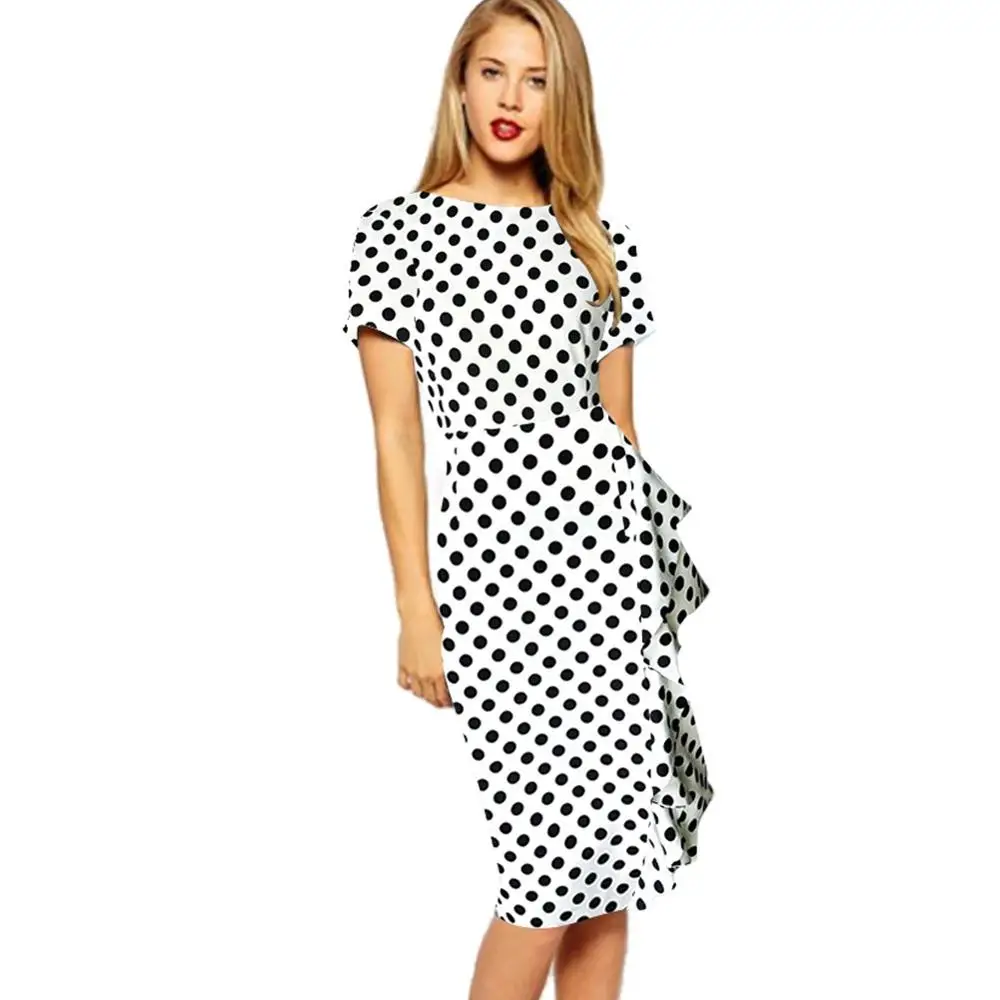 

Women Summer Dot Print Elegant Party Casual Bodycon Dresses Short Sleeve Plus Size Vestidos Sexy Dress Black/White/Red/Navy Blue