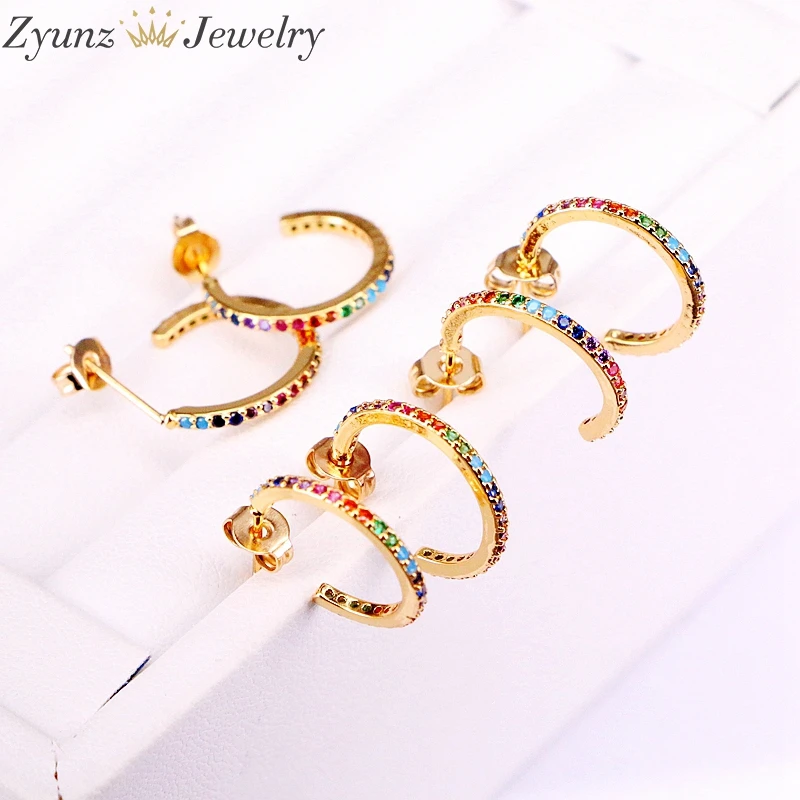 10 пар, 18 мм, золотистый цвет, Круглый Круг геометрические серьги-гвоздики проложили Радуга Красочные CZ цирконий Модные женские ювелирные изделия