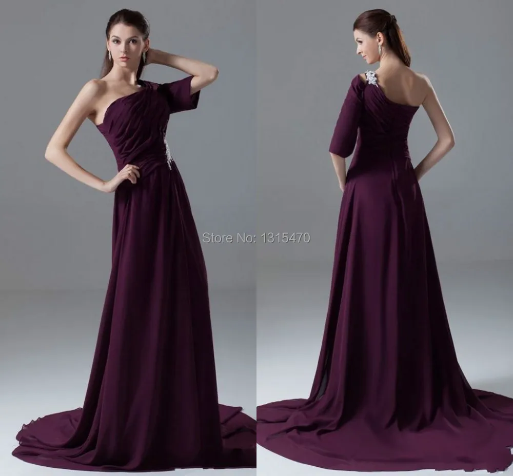 Chiffon Burgundy Sweep Train One Shoulder Mother Of Bride Dresses