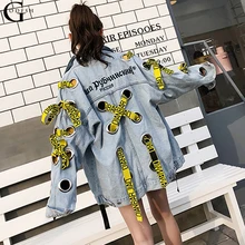 Women Harajuku Denim Jacket For Autumn New Spring Loose Jacket With Yellow Ribbon Printed Letters Outwear Streetwear