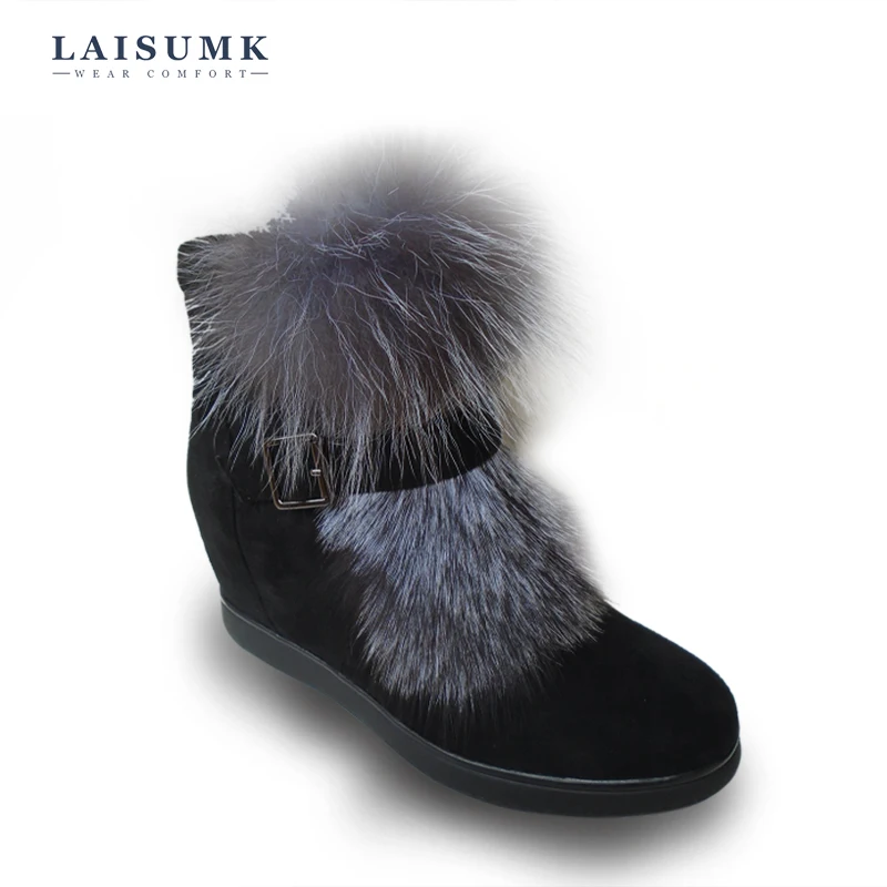

2017 LAISUMK Women Fashion Fox Fur Height Increasing 5CM Ankle Boots Fashoin Winter Zip Buckle Platform Short Boots