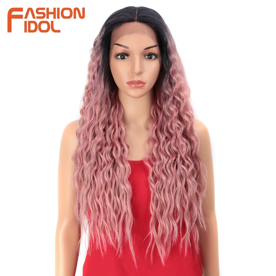 FASHION IDOL 28 inch Hair Synthetic Lace Front Wigs For Black Women Soft Loose Wave Hair Ombre Brown Pink Heat Resistant Hair