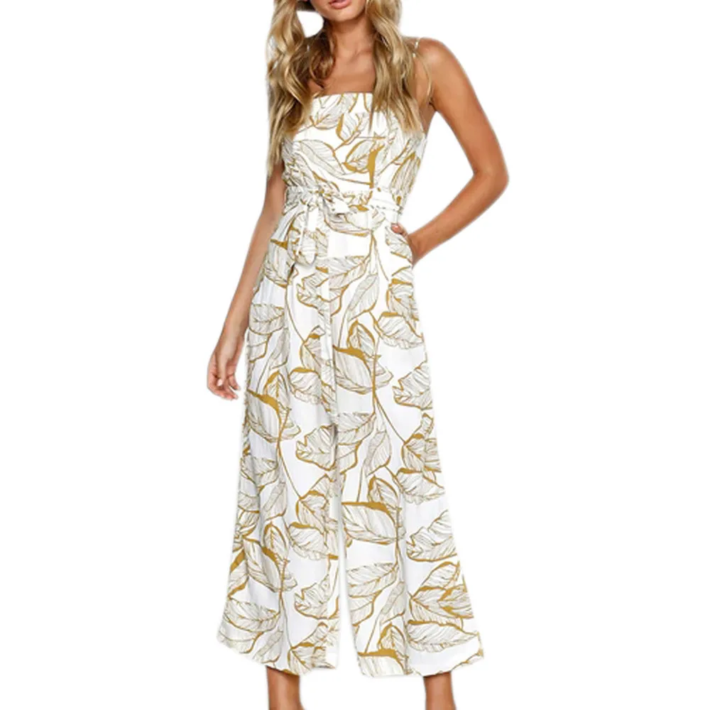 Leaves Print Wide Leg Jumpsuit Women Sleeveless Summer