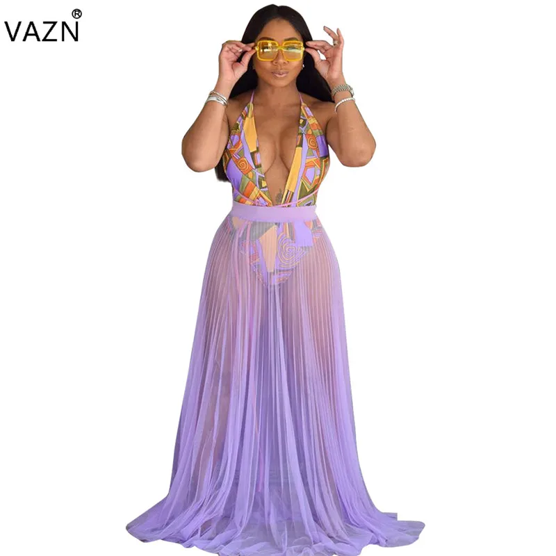VAZN Summer New Sexy Style 2019 Women 2 Piece Set 1Piece Bodysuits Hollow Out Maxi Skirts Chiffon Beach SN3870 | Женская одежда