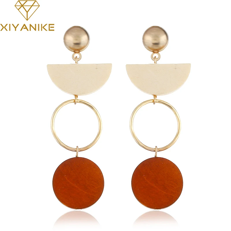 

XIYANIKE New Sector Round Wood Drop Earrings For Women Gift Brincos Fashion Statement Party Jewelry Accessories Bijoux E619