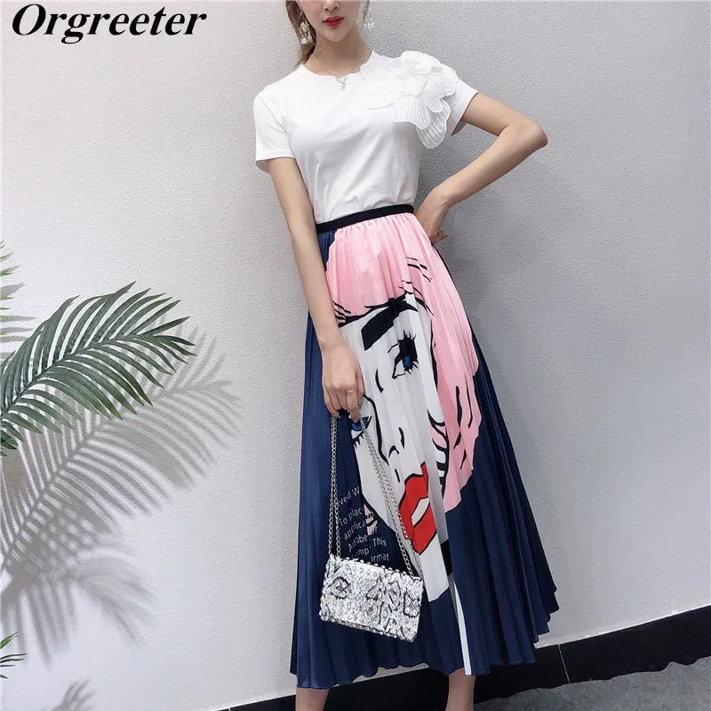 

Women's 3D Flower Appliques White T-Shirt+ High Waist Personality character Print Pleated Skirt Suit Casual Summer Mid Skirt Set