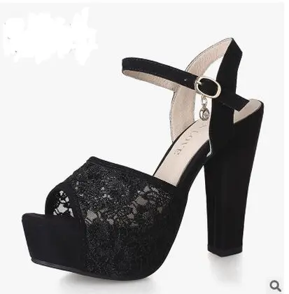 

2016 Summer New High Heels Lace Sandals Women Sexy Elegant  Ladies Korean Fashion Waterproof Shoes Women Lace Shoes Black