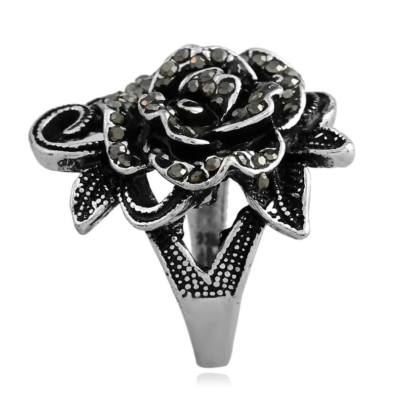 Hot Sale Fashion Jewelry Rings VINTAGE Crystal Black Rose Flower Rings Index Finger Rings For Woman Men