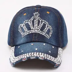 Для женщин Bling тиара Distressed Denim Бейсбол Кепки украшенный стразами мыть ретро Стиль Регулируемый головной убор