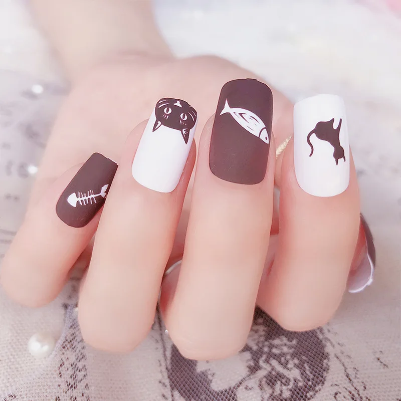 Простые цветные накладные ногти высокого качества для девочек, милые накладные ногти черного цвета с принтом кошки, Короткие накладные