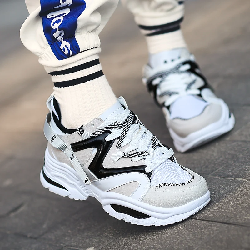 

Brand 2019 Harajuku Women Casual Shoes Lace-Up Leather Dad Chunky Sneakers Flat Thick Sole Tenis Wedge White Basket Walking