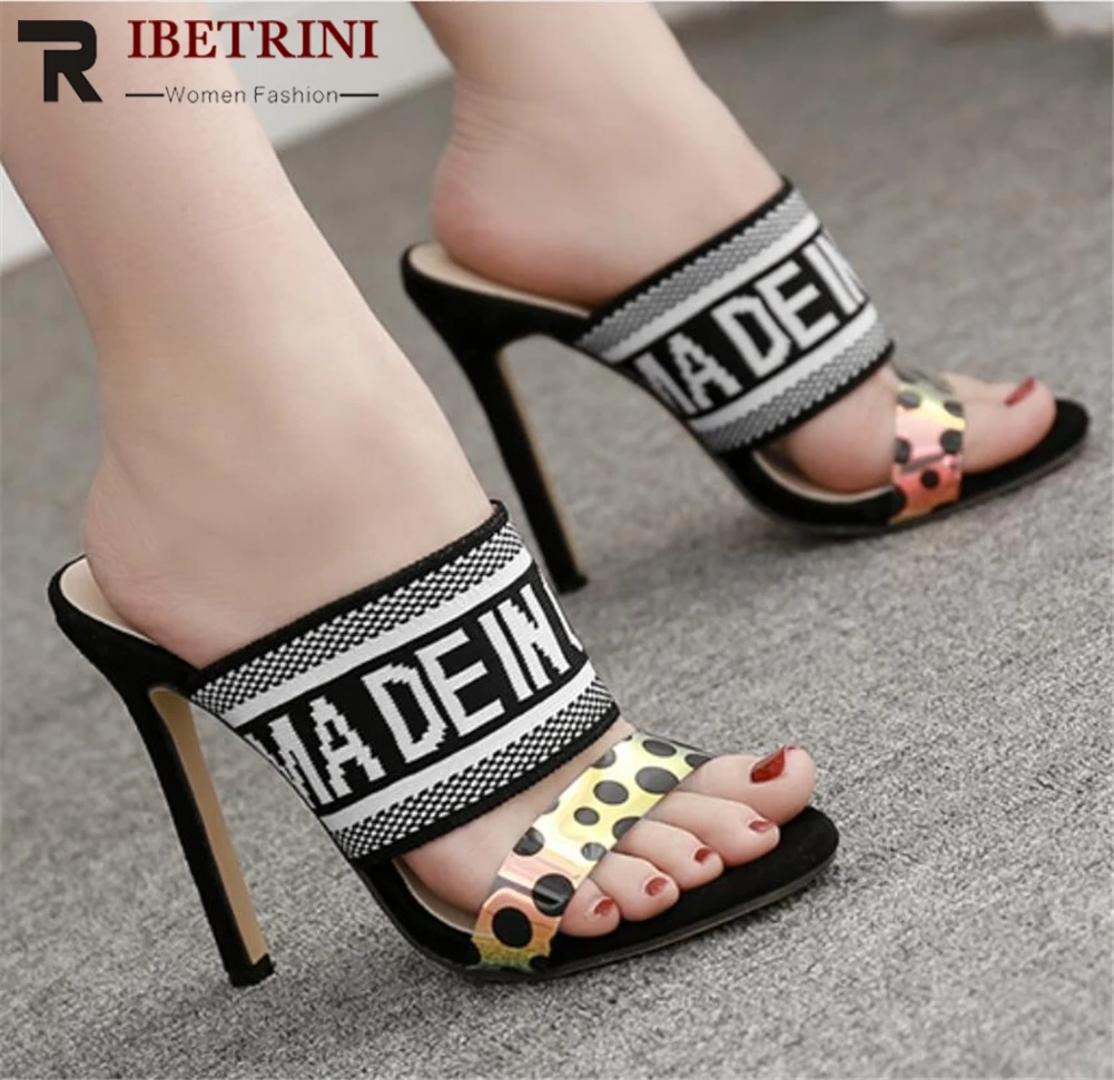 

RIBETRINI 2019 Brand New Szie 35-40 Ladies High Heels Mules Woman Shoes Woman Casual Party Sexy Outside Summer Slippers