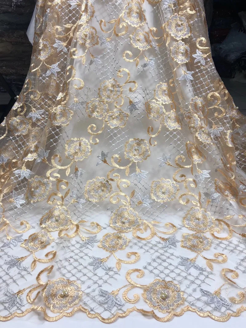 

(5yards/pc) gold and silver embroidered African party lace French net lace fabric with beads for elegant party dress FL3947