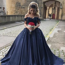 Военно-морской флот голубое праздничное платье бальное платье с открытыми плечами 3D кружевные цветы развертки Поезд атласная Плюс Размеры платья для выпускного вечера