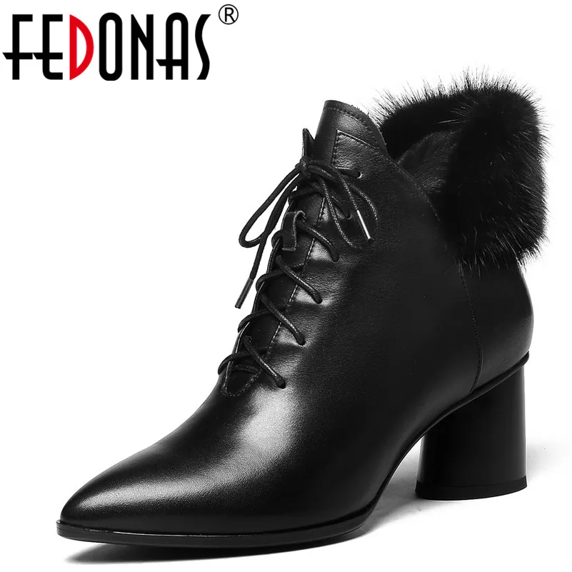 

FEDONAS 1Fashion Women Ankle Boots Autumn Winter Warm High Heels Shoes Woman Genuine Leather Pointed Toe Cross-tied Basic Boots