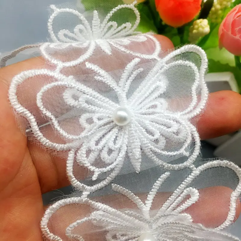 

10pcs Vintage Butterfly Organza Pearl Lace Trim Applique Edges Trimmings Beaded Ribbon Sewing Craft for Wedding Dress Veil Decor