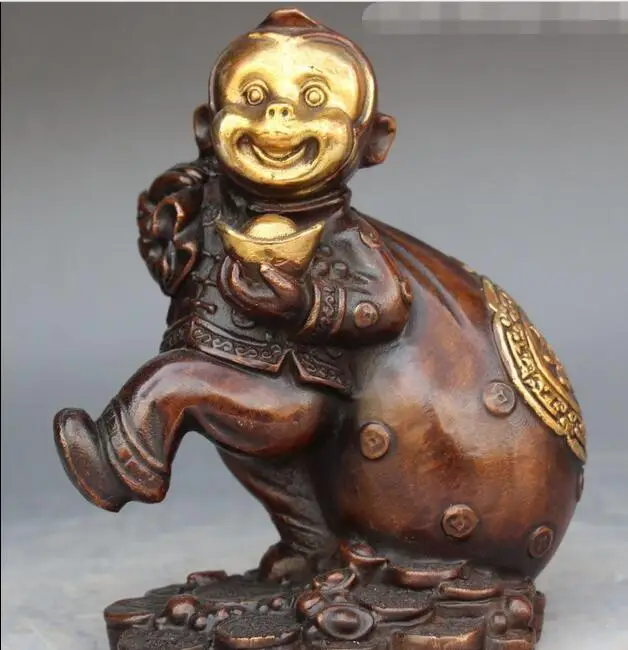 

Chinese Bronze Gilt Wealth Monkey Monkeys Animal Hold Money Bag Yuanbao Statue