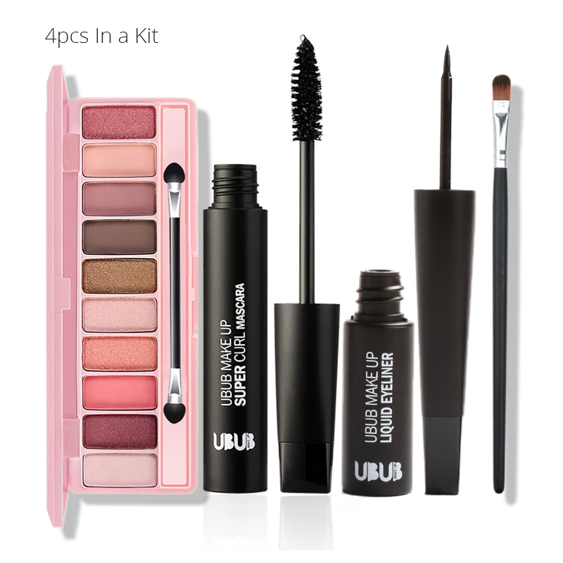 

4Pcs Professional Makeup Sets 10 Colors Peach Matte Eyeshadow Palette Black Mascara Eyeliner Pencil With 1Pcs Shadow Brush Kits