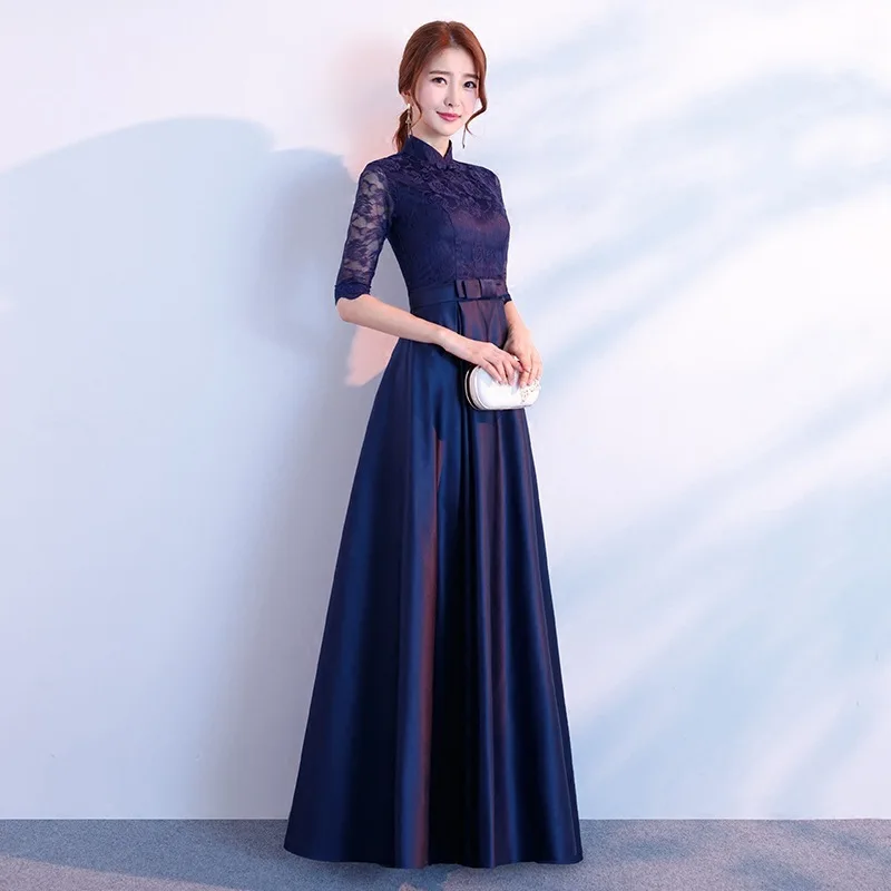 Темно-синее китайское вечернее китайское платье-Ципао, платье с цветочным рисунком, летнее традиционное современное свадебное платье Ципао, женское длинное - Цвет: navy blue