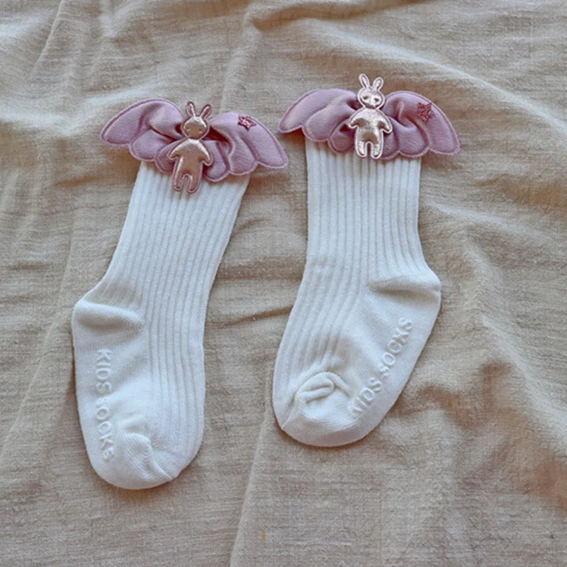 Balleenshining/Носки для маленьких девочек с рисунком короны, Цветочные Носки принцессы с кроликом детские милые мягкие хлопковые носки с бантиком и Ангелом стиль - Цвет: Angel Rabbit Pink