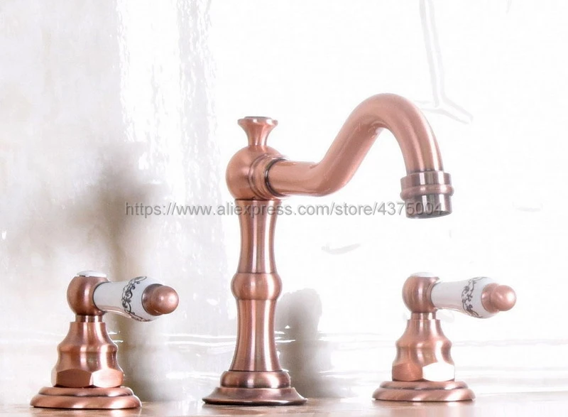 Bathroom Sink Faucet Antique Red Copper Widespread 3pcs Ceramics Handles Basin 3 Holes Mixer Tap Nnf175