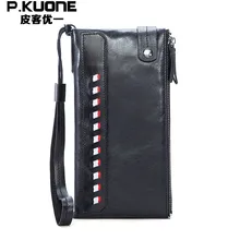 P.KUONE Genuine Leather Wallet Top Men Long Wallet Coin Purse Fashion Vintage Famous Brand Bag Card Holder Travel Male Clutch