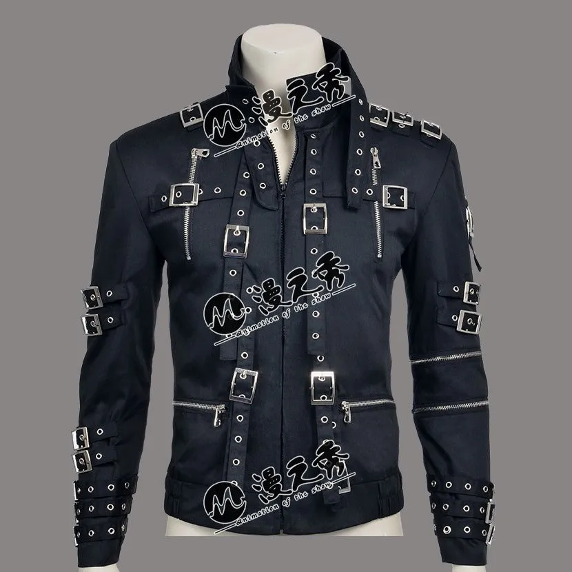 Rare MJ Michael Jackson Punk Rock Style BAD Tour Black Cotton & Leather Rivet Slim Zipper Jacket Outwear