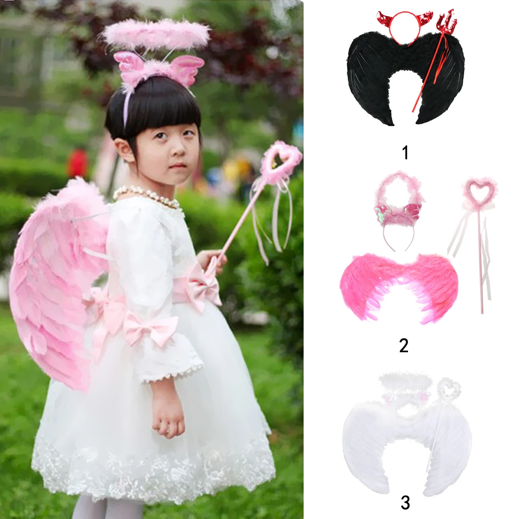Kids Three Piece Feather Fairy Angel Wings Devil Wings Costume L White
