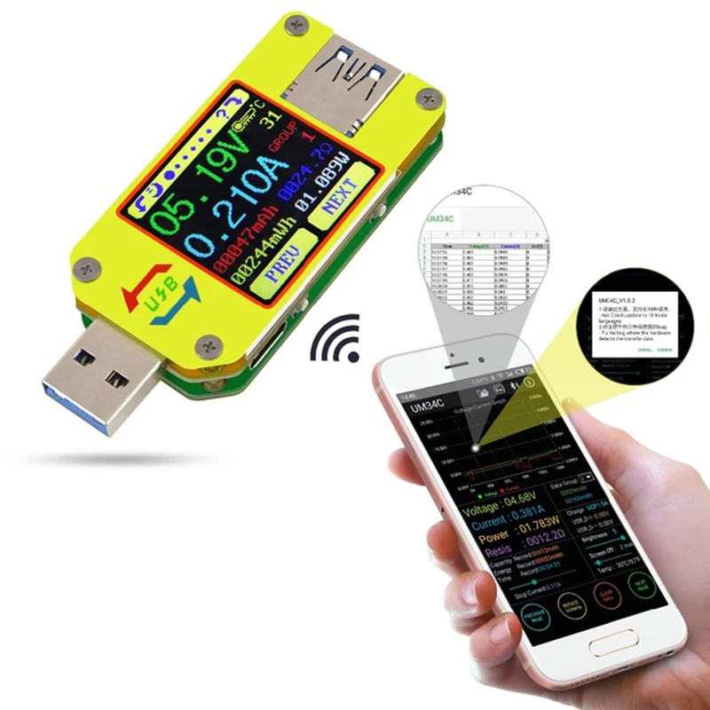 

HLZS-RD UM34C for APP USB 3.0 Type-C DC Voltmeter ammeter voltage current meter battery charge measure cable resistance Tester