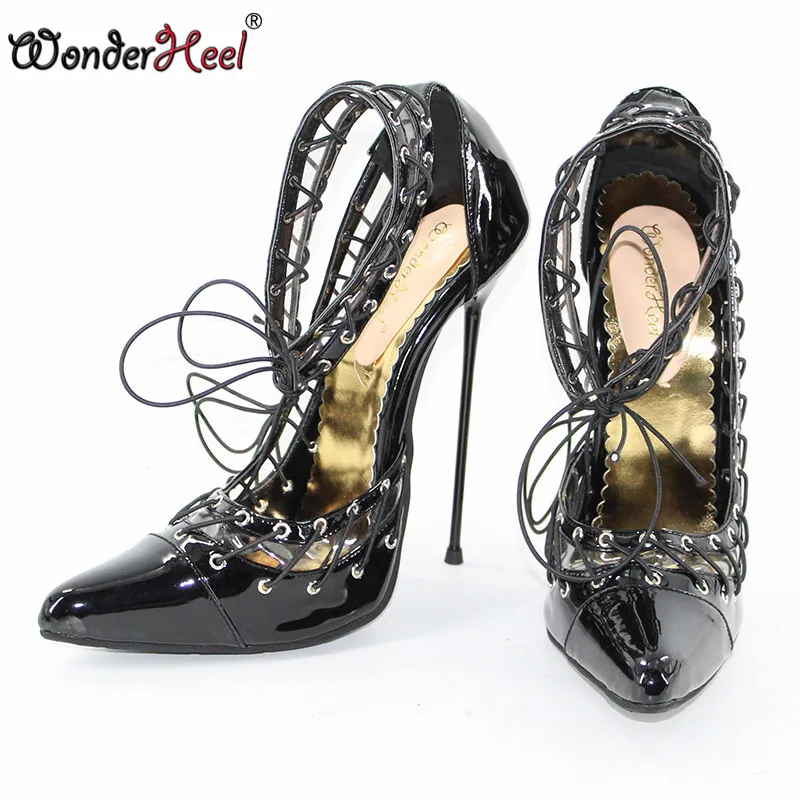 Wonderheel/ стиль, Ультра Высокий каблук 16 см, тонкий металлический каблук, черные, лакированные, пикантные женские туфли-лодочки с острым носком и пряжкой, большие размеры