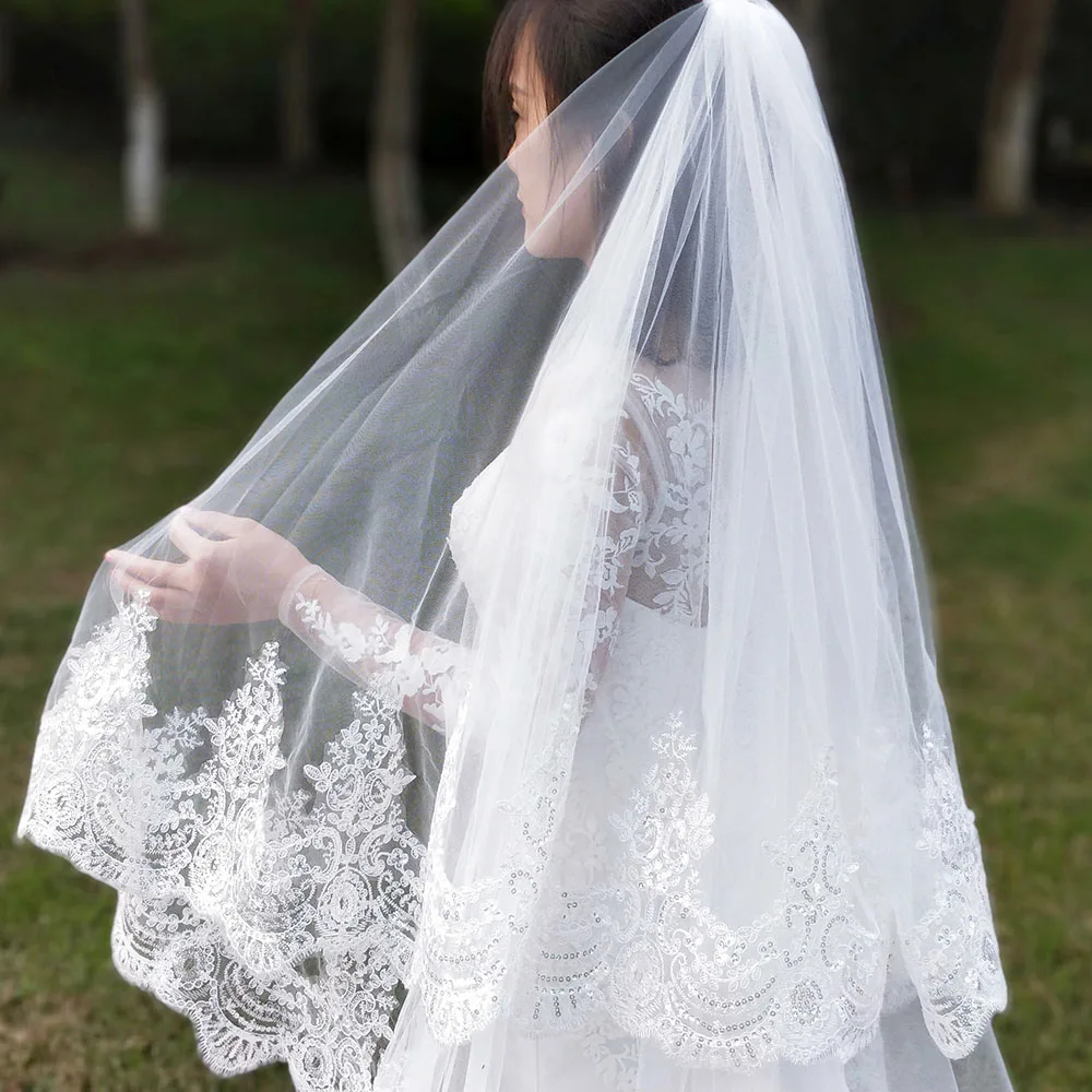 Customized Real Photos 2 Layers Sequins Lace Cathedral Woodland Wedding Veils with Comb 3M Long White Ivory 2 T Bridal Veils 2