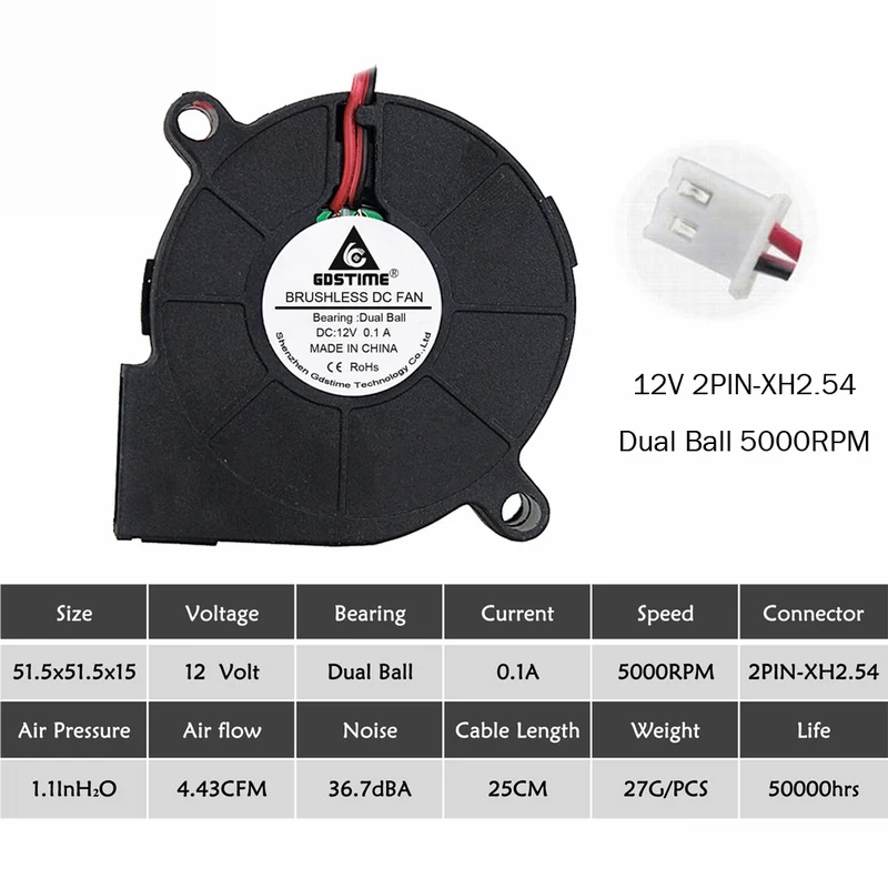 2 шт./партия Gdstime 50 мм 3d принтер вентилятор 5 в 12 В 24 В 5015 вентилятор 50 мм x 50 мм x 15 мм 50 мм 5 см радиальный компьютер PC DC вентилятор охлаждения - Цвет лезвия: 12V Ball