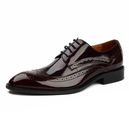 Винтажная Мужская обувь ручной работы из лакированной кожи с перфорацией в британском стиле; Мужская обувь в стиле дерби с острым носком; парадная обувь; Свадебная обувь с перфорацией типа «броги»; YMX231 - Цвет: Бордовый