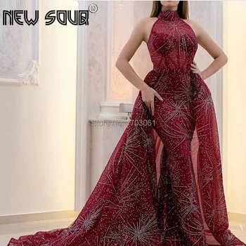 

Sparkly Wine Red Evening Dresses Detachable Skirt Custom Made Long Dubai Formal Prom Dress 2019 Arabic Party Gown Robe De Soiree