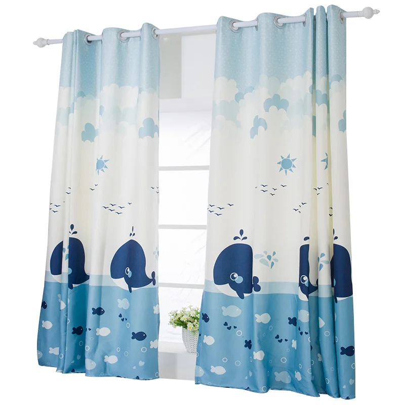  Mediterranean Cartoon Blue Whale Printed Short Curtain Linen Children Boy Girl Bedroom Decorative F - 32831573604