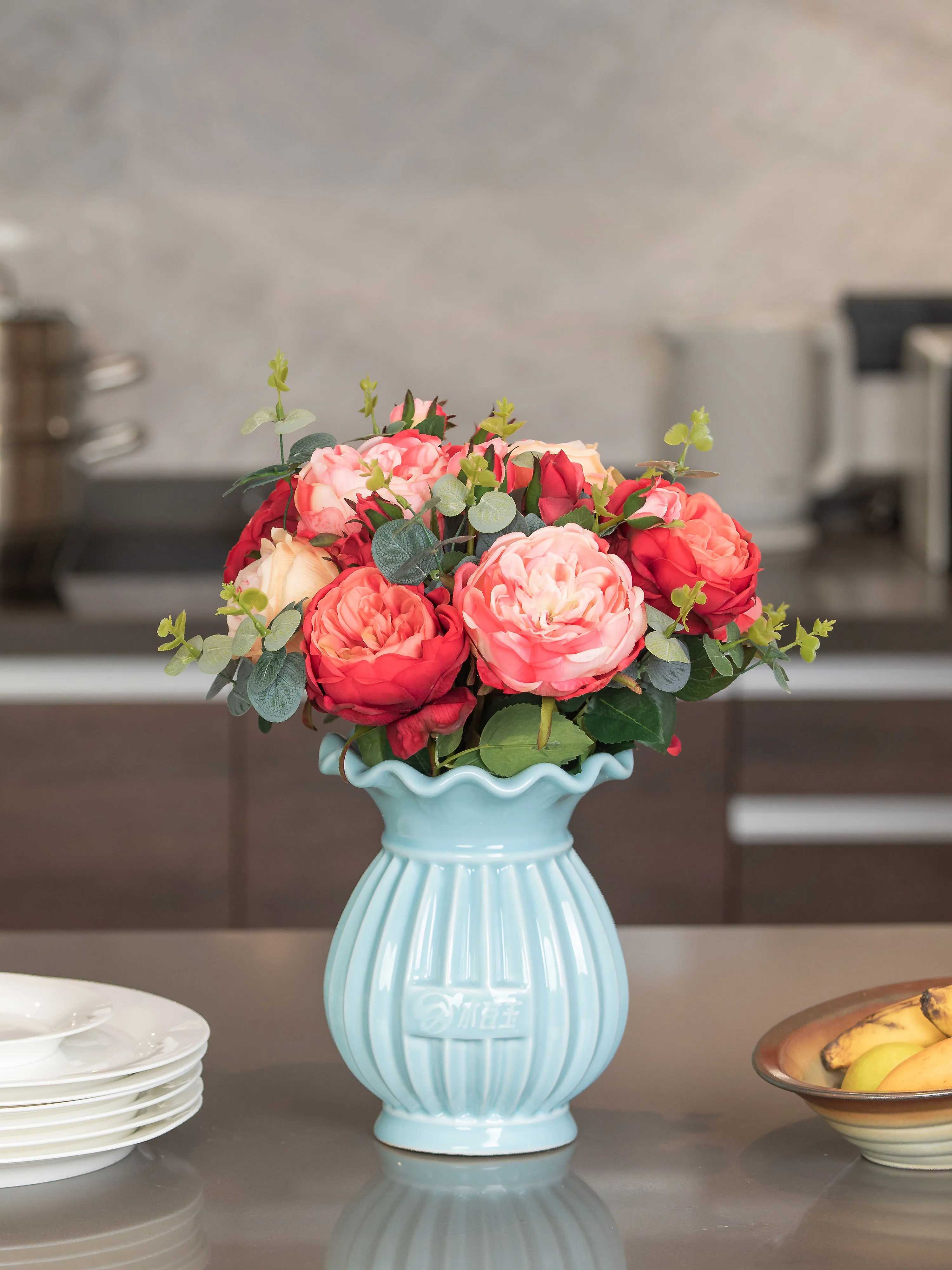 

High Quality Hand Touch Artificial Kasha Rose ceramic Potted Set Fake Floral Decorative for dinning desk living room decor