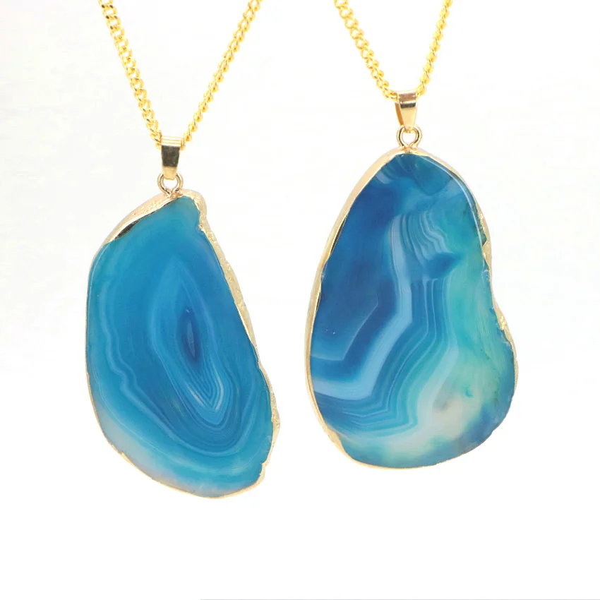 Natural blue agate pendant gold plated necklace (17)