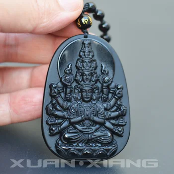 

Natural Obsidian Stone Pendant Thousand Hands Guanyin Bodhisattva Pendant Necklace Avalokitesvara Pendant Men's Jades Jewelry
