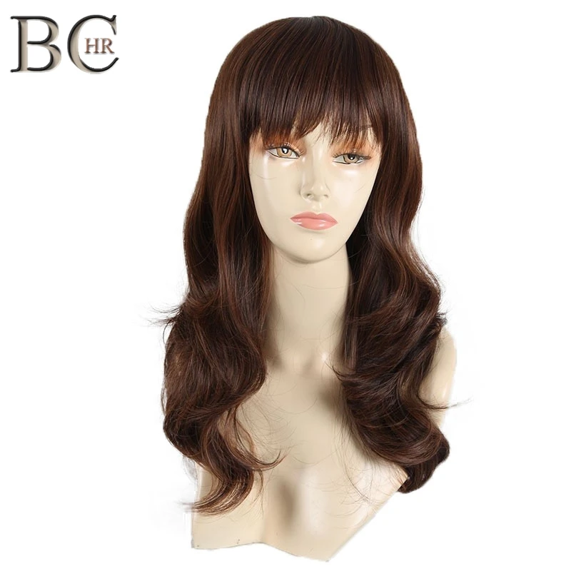 BCHR длинные волнистые синтетические парики с челкой для женщин темно коричневый термостойкие волокна