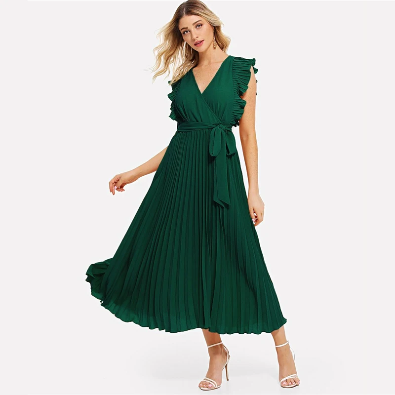 Sheinside Зеленое Длинное Платье с v-образным вырезом и оборками, элегантное женское летнее платье без рукавов, женское плиссированное платье трапециевидной формы