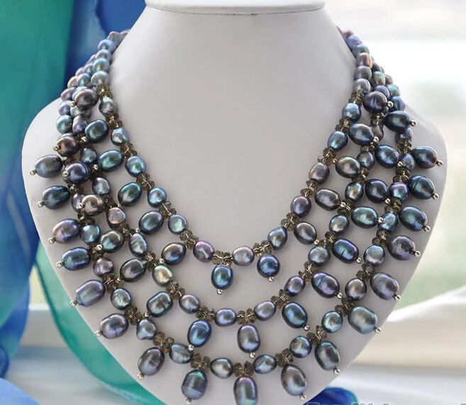

Jewelr 004350 3strands 12mm black rice freshwater faceted crystal necklace