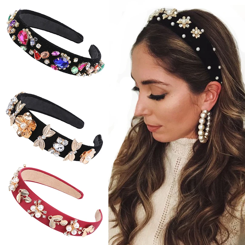

Retro Floral Rhinestone Headband Ladies Hairband for Women Girls Barlot Style Headress Headpiece Wedding Hair Accessories