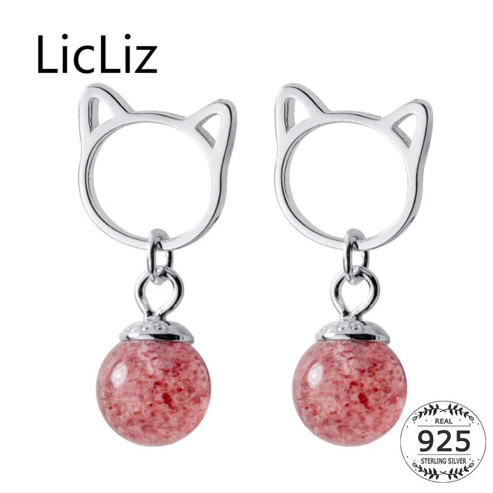 

LicLiz New 925 Sterling Silver Cat Ear Drop Earrings for Women Cute Pink Strawberry Quartz New Earring White Gold Jewelry LE0467