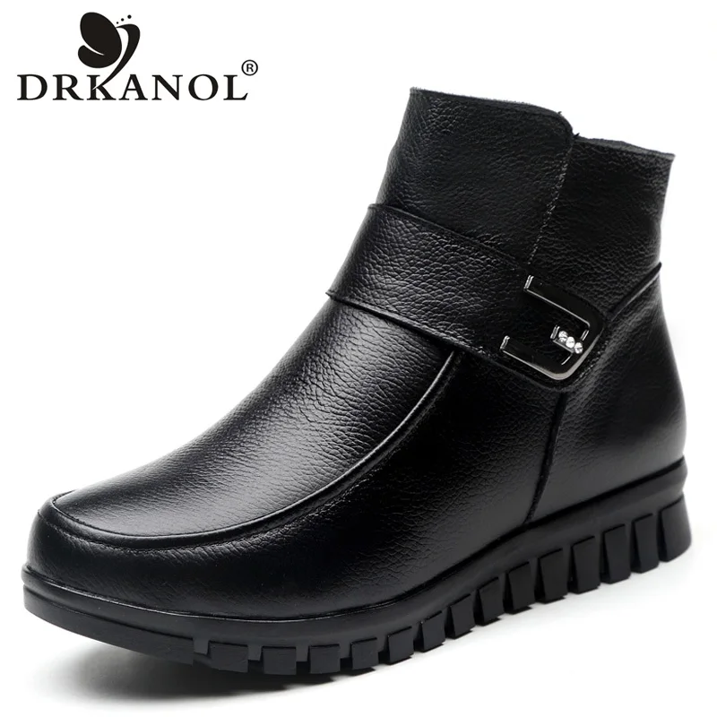 

DRKANOL New Crystal Women Winter Boots Genuine Leather Natural Wool Warm Ankle Snow Boots Solid Black Warm Flat Cotton Shoes