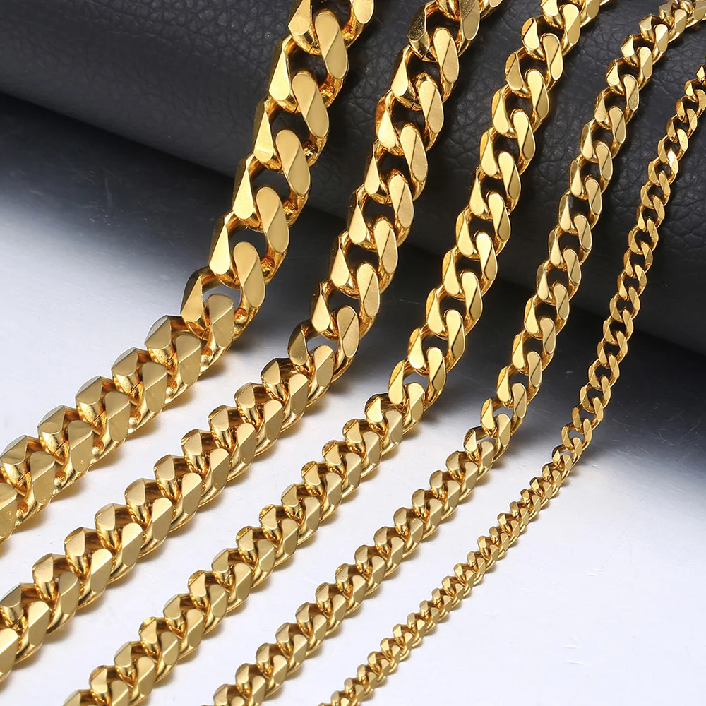 Kalung hiphop lelaki kalung keluli tahan karat pautan rantaian emas hitam kalung perak hitam untuk lelaki barang kemas hadiah 18-36 "KNM08