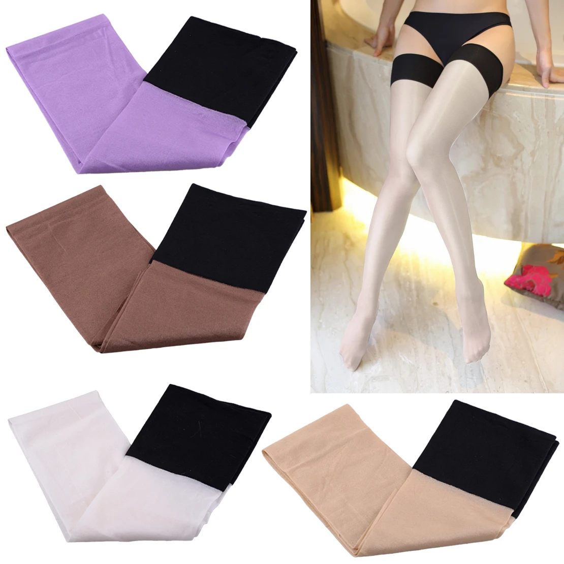 

Women Shiny Thigh High Stockings Border Mosaic Oil Flashing Long Thigh Highs Nylon Stockings Dance Costume Party Night Club