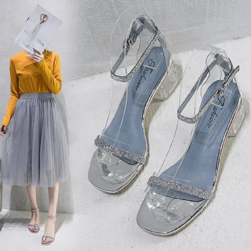 

2019 new fashion women's shoes rhinestone transparent word buckle with high heels thick with solid color sequins shoes